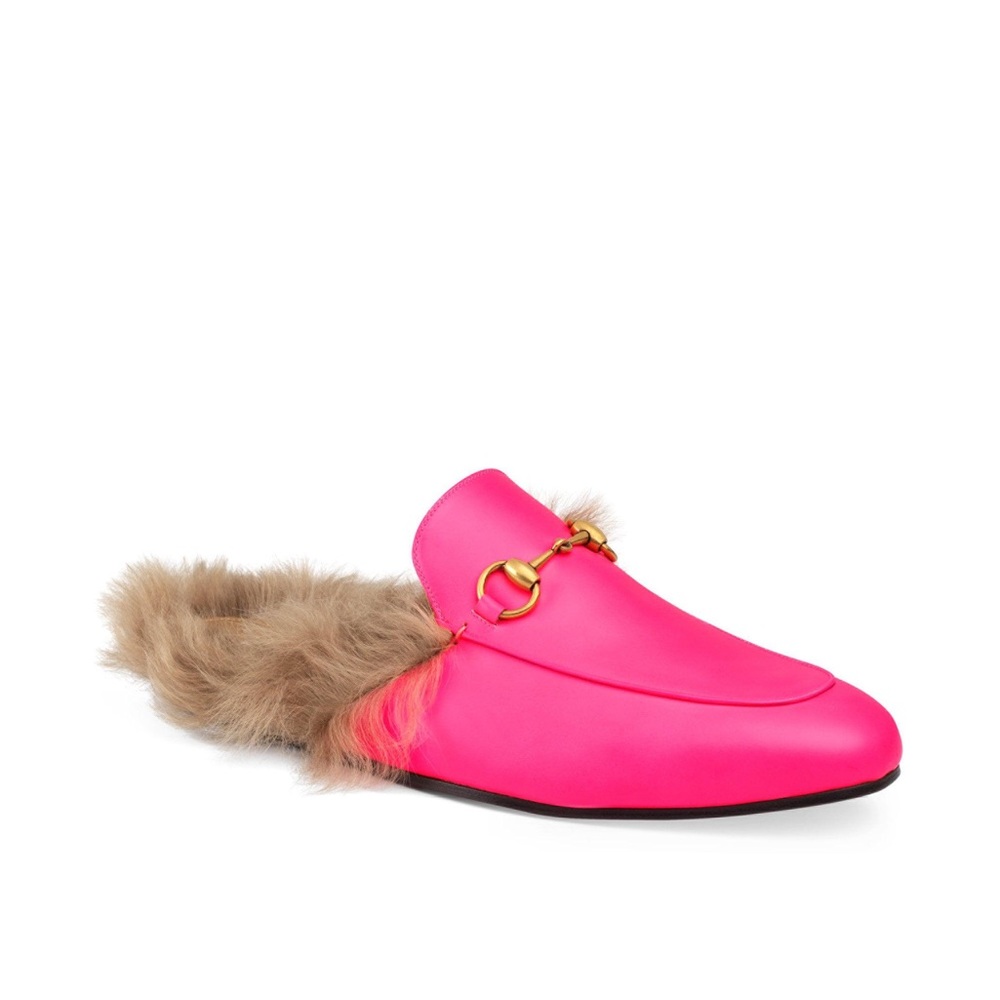 GUCCI | fluorescent pink leather princetown loafers, size 8